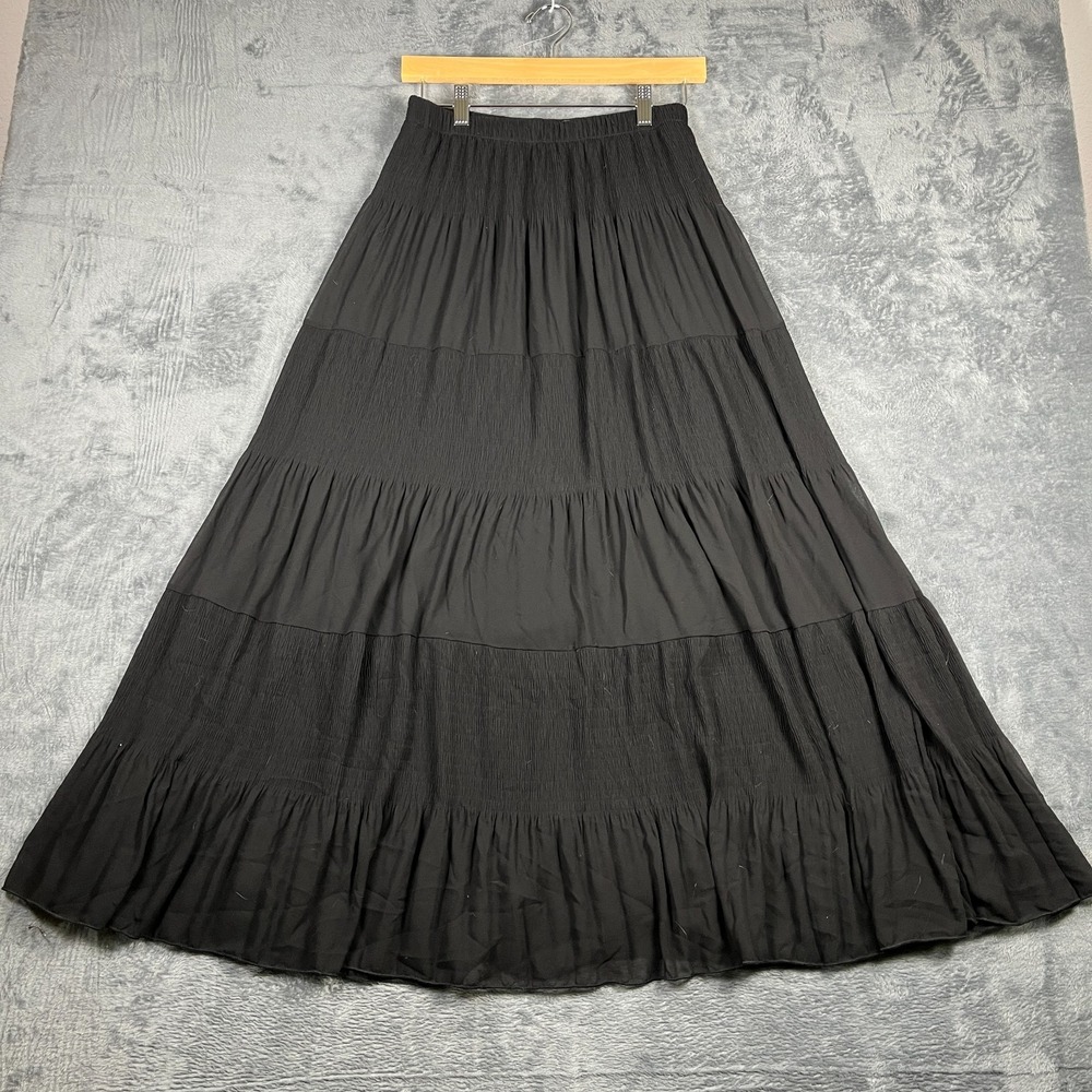 Nashalyly Maxi Skirt Women Medium Black Layered Minimalist Smocked Elastic Waist